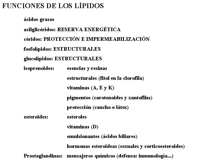 FUNCIONES DE LOS LÍPIDOS ácidos grasos acilglicéridos: RESERVA ENERGÉTICA céridos: PROTECCIÓN E IMPERMEABILIZACIÓN fosfolípidos: