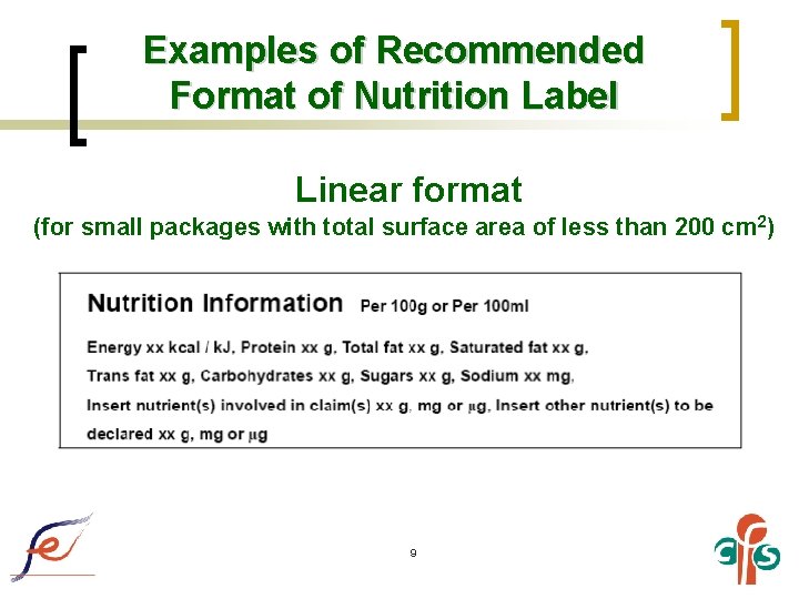 Examples of Recommended Format of Nutrition Label Linear format (for small packages with total