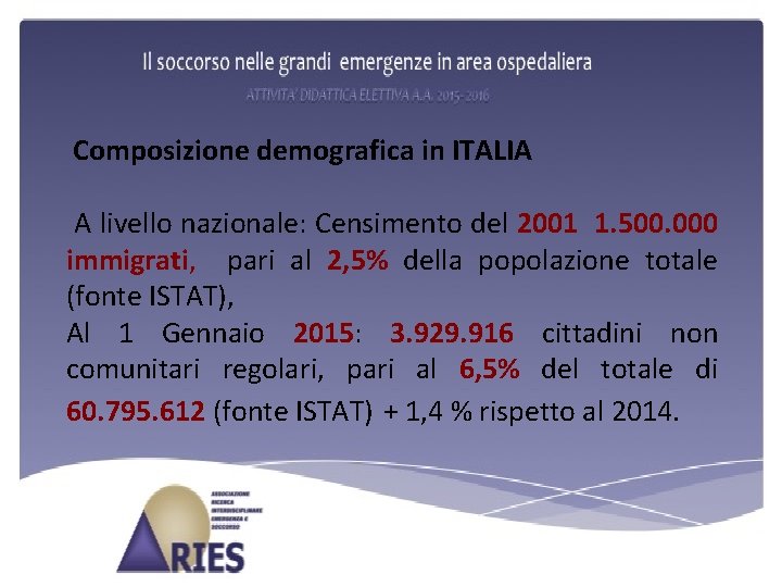 Composizione demografica in ITALIA A livello nazionale: Censimento del 2001 1. 500. 000 immigrati,