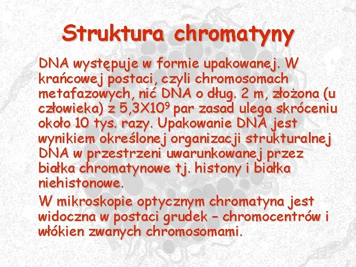 Struktura chromatyny DNA występuje w formie upakowanej. W krańcowej postaci, czyli chromosomach metafazowych, nić