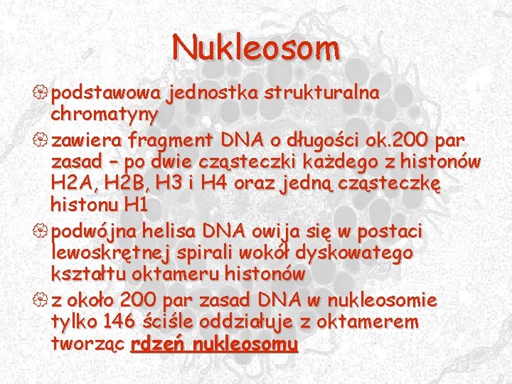 Nukleosom { podstawowa jednostka strukturalna chromatyny { zawiera fragment DNA o długości ok. 200