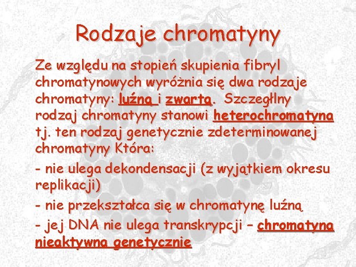Rodzaje chromatyny Ze względu na stopień skupienia fibryl chromatynowych wyróżnia się dwa rodzaje chromatyny: