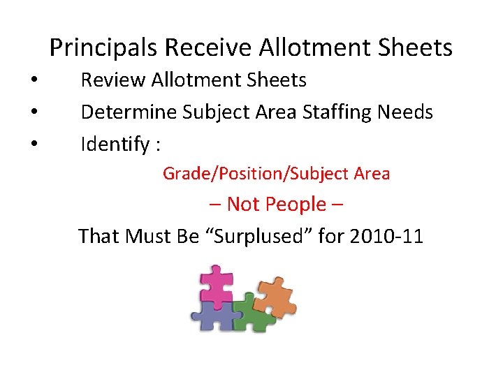 Principals Receive Allotment Sheets • • • Review Allotment Sheets Determine Subject Area Staffing