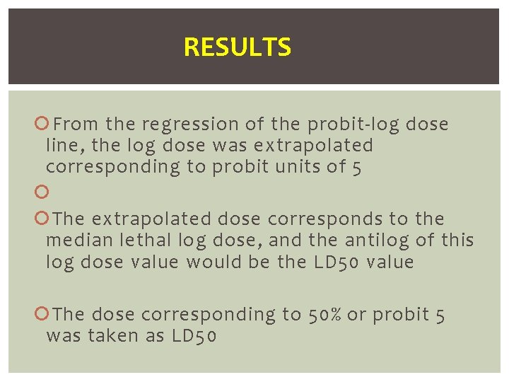 RESULTS From the regression of the probit-log dose line, the log dose was extrapolated
