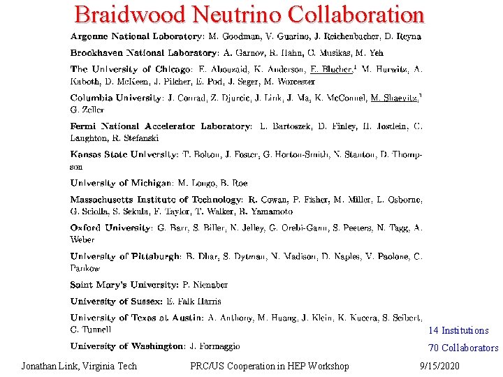 Braidwood Neutrino Collaboration 14 Institutions 70 Collaborators Jonathan Link, Virginia Tech PRC/US Cooperation in