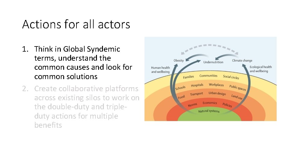 Actions for all actors 1. Think in Global Syndemic terms, understand the common causes