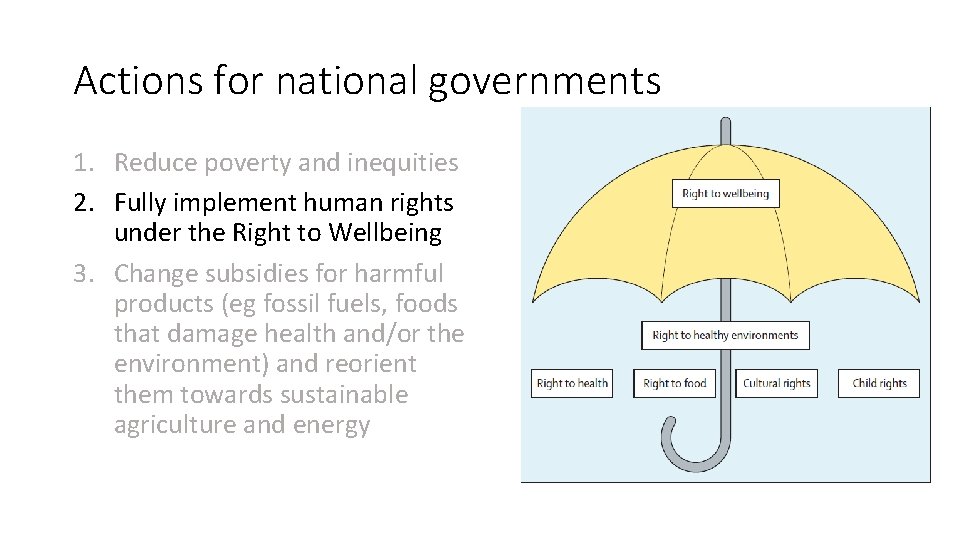 Actions for national governments 1. Reduce poverty and inequities 2. Fully implement human rights