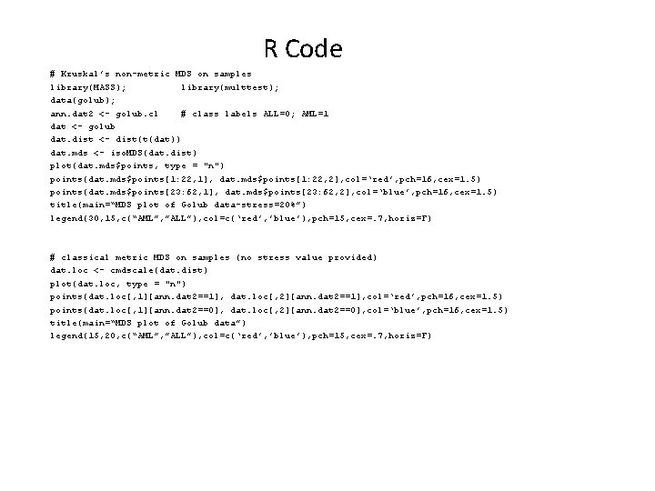 R Code # Kruskal’s non-metric MDS on samples library(MASS); library(multtest); data(golub); ann. dat 2