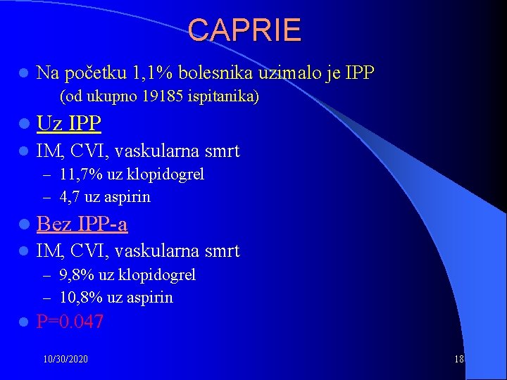 CAPRIE l Na početku 1, 1% bolesnika uzimalo je IPP (od ukupno 19185 ispitanika)
