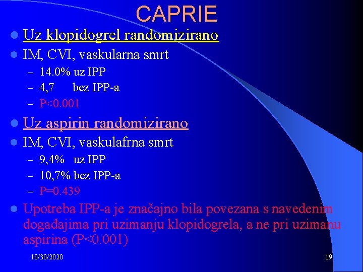 l Uz l CAPRIE klopidogrel randomizirano IM, CVI, vaskularna smrt – 14. 0% uz
