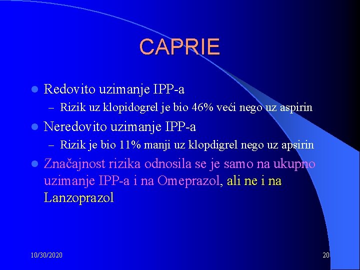 CAPRIE l Redovito uzimanje IPP-a – Rizik uz klopidogrel je bio 46% veći nego