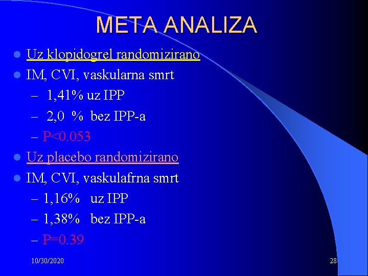 META ANALIZA Uz klopidogrel randomizirano l IM, CVI, vaskularna smrt – 1, 41% uz