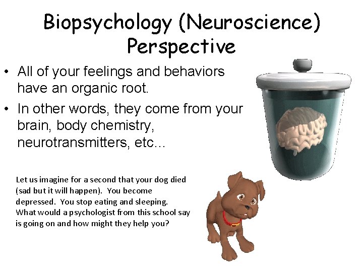 Biopsychology (Neuroscience) Perspective • All of your feelings and behaviors have an organic root.