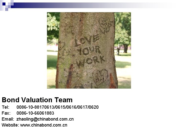 Bond Valuation Team Tel: 0086 -10 -88170613/0615/0616/0617/0620 Fax: 0086 -10 -66061883 Email: zhaoling@chinabond. com.