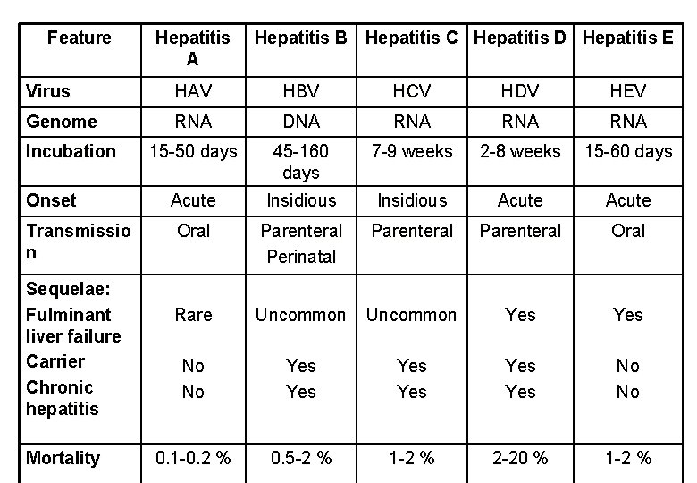 Feature Hepatitis A Hepatitis B Hepatitis C Hepatitis D Hepatitis E Virus HAV HBV