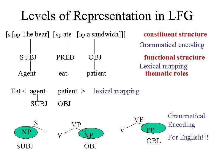 Levels of Representation in LFG [s [np The bear] [vp ate [np a sandwich]]]
