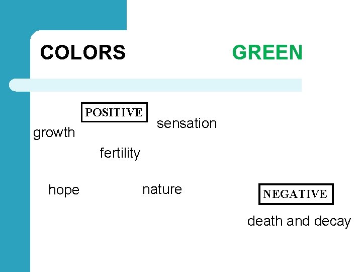 COLORS GREEN POSITIVE growth sensation fertility hope nature NEGATIVE death and decay 