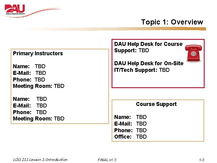 Topic 1: Overview Primary Instructors Name: TBD E-Mail: TBD Phone: TBD Meeting Room: TBD