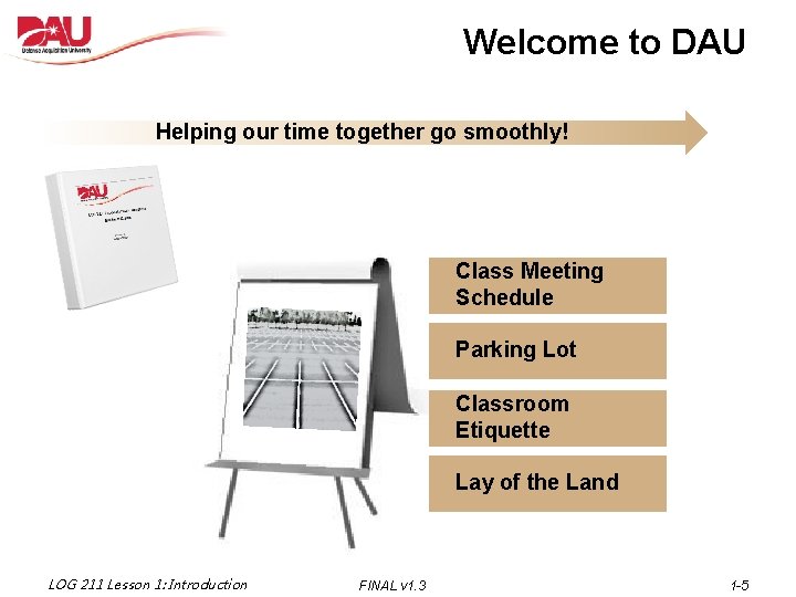 Welcome to DAU Helping our time together go smoothly! Class Meeting Schedule Parking Lot