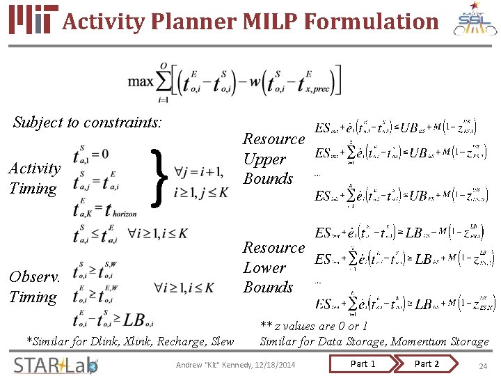 Activity Planner MILP Formulation Subject to constraints: Activity Timing Resource Upper Bounds } Resource