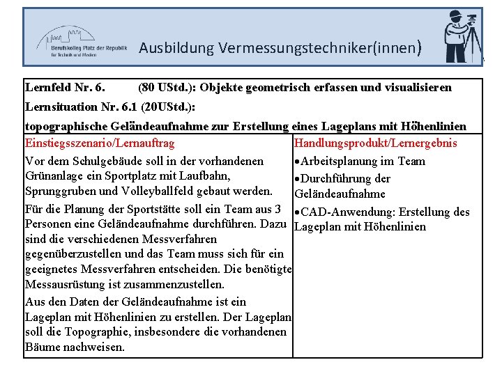 Ausbildung Vermessungstechniker(innen) Lernfeld Nr. 6. (80 UStd. ): Objekte geometrisch erfassen und visualisieren Lernsituation