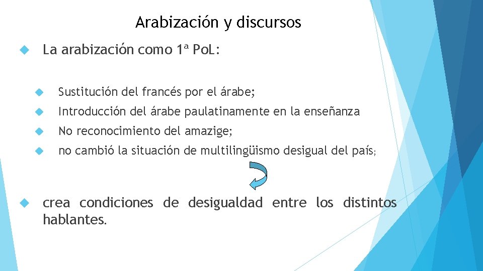 Arabización y discursos La arabización como 1ª Po. L: Sustitución del francés por el