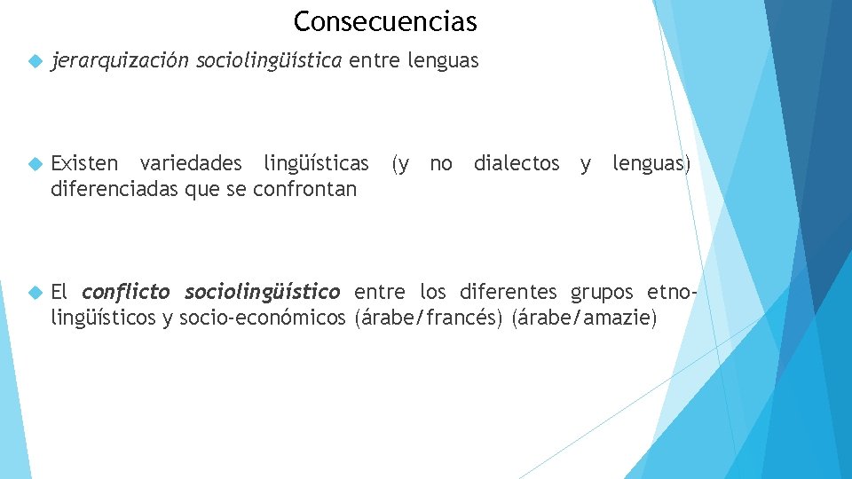 Consecuencias jerarquización sociolingüística entre lenguas Existen variedades lingüísticas (y no dialectos y lenguas) diferenciadas