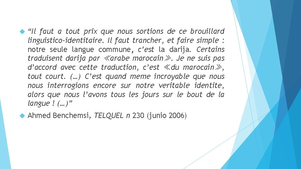  “Il faut a tout prix que nous sortions de ce brouillard linguistico-identitaire. Il