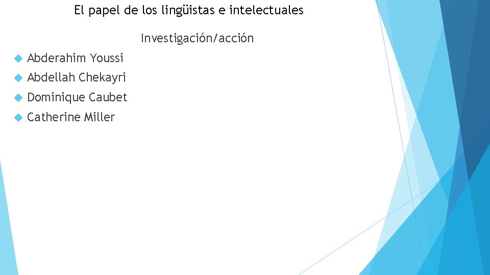 El papel de los lingüistas e intelectuales Investigación/acción Abderahim Youssi Abdellah Chekayri Dominique Caubet