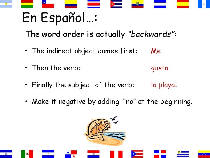 En Español…: The word order is actually “backwards”: • The indirect object comes first: