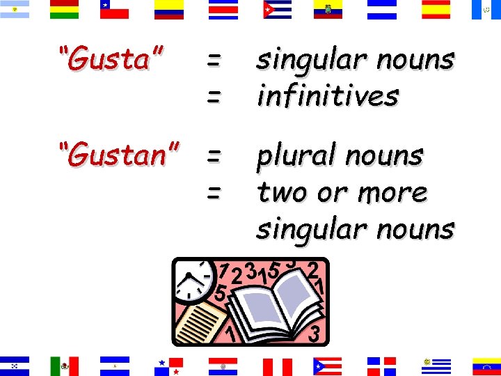 “Gusta” = = singular nouns infinitives “Gustan” = = plural nouns two or more