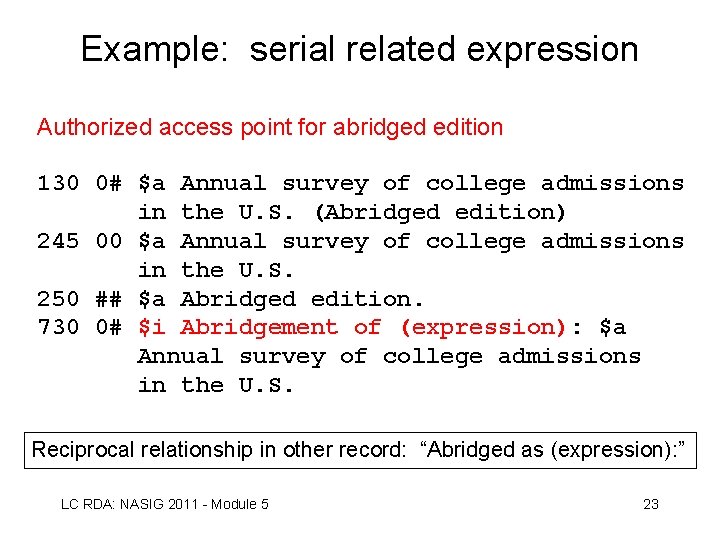 Example: serial related expression Authorized access point for abridged edition 130 0# $a Annual