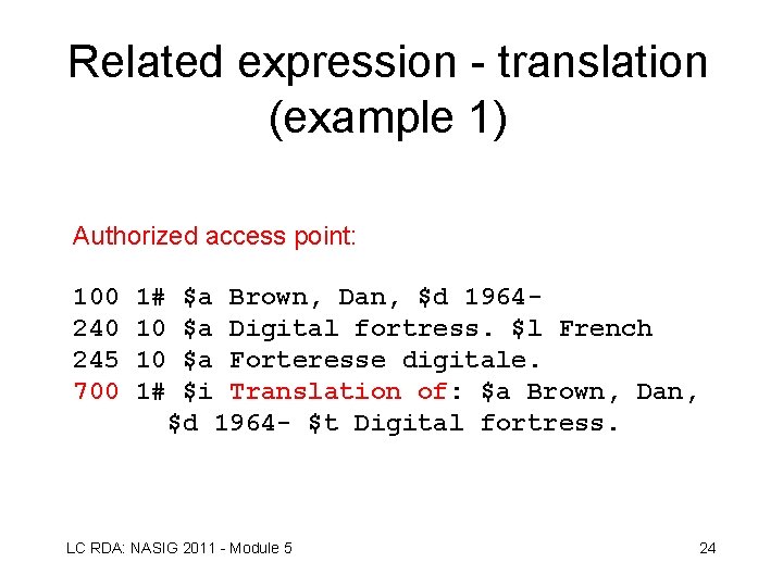 Related expression - translation (example 1) Authorized access point: 100 245 700 1# $a