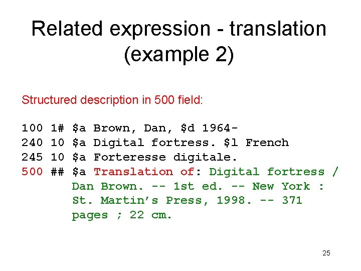 Related expression - translation (example 2) Structured description in 500 field: 100 245 500