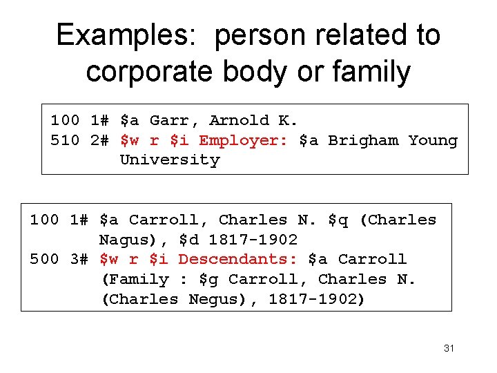 Examples: person related to corporate body or family 100 1# $a Garr, Arnold K.