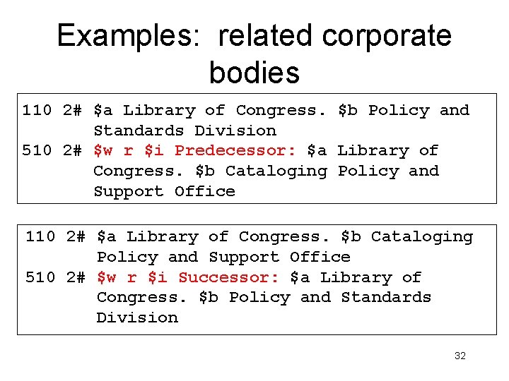 Examples: related corporate bodies 110 2# $a Library of Congress. $b Policy and Standards