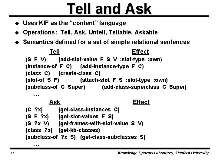 Tell and Ask u Uses KIF as the “content” language u Operations: Tell, Ask,