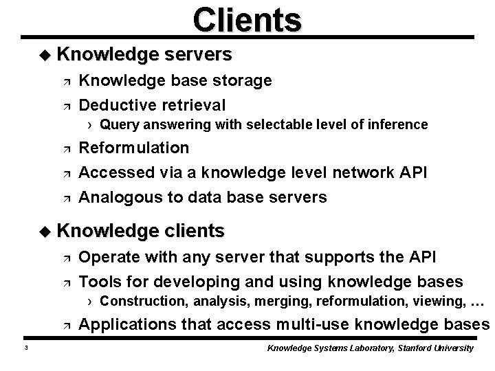 Clients u Knowledge ä ä servers Knowledge base storage Deductive retrieval › Query answering