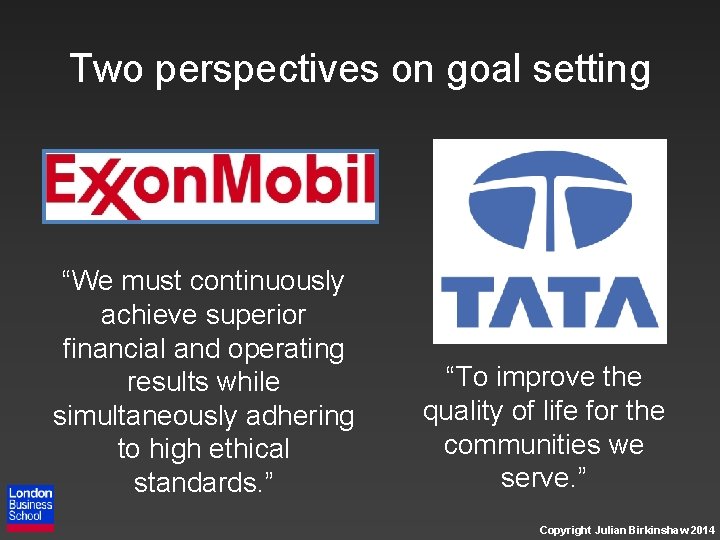 Two perspectives on goal setting “We must continuously achieve superior financial and operating results