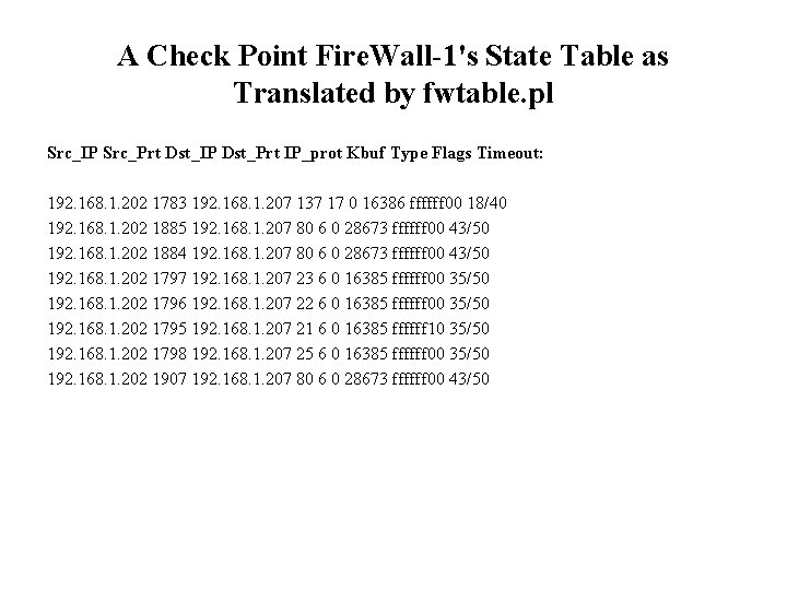 A Check Point Fire. Wall-1's State Table as Translated by fwtable. pl Src_IP Src_Prt