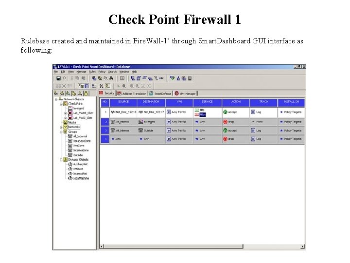 Check Point Firewall 1 Rulebase created and maintained in Fire. Wall-1‘ through Smart. Dashboard