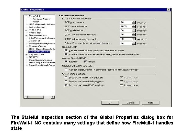 The Stateful Inspection section of the Global Properties dialog box for Fire. Wall-1 NG
