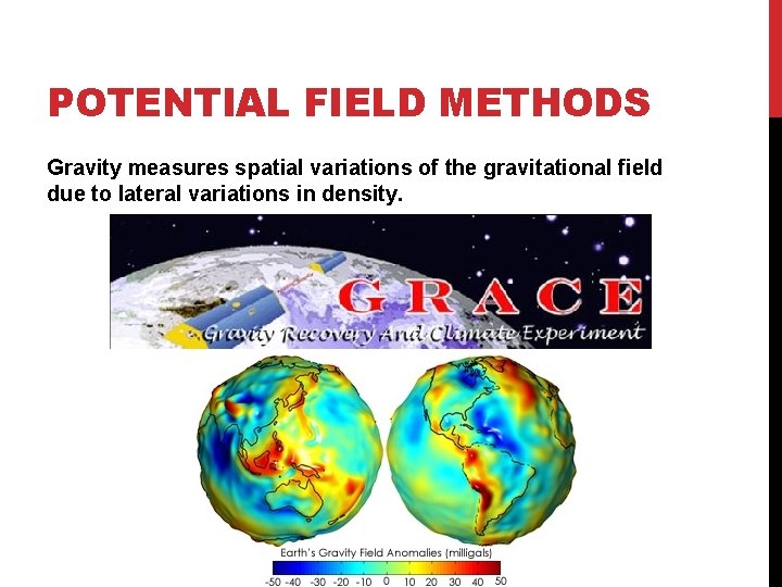 POTENTIAL FIELD METHODS Gravity measures spatial variations of the gravitational field due to lateral