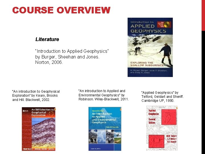 COURSE OVERVIEW Literature “Introduction to Applied Geophysics” by Burger, Sheehan and Jones. Norton, 2006.