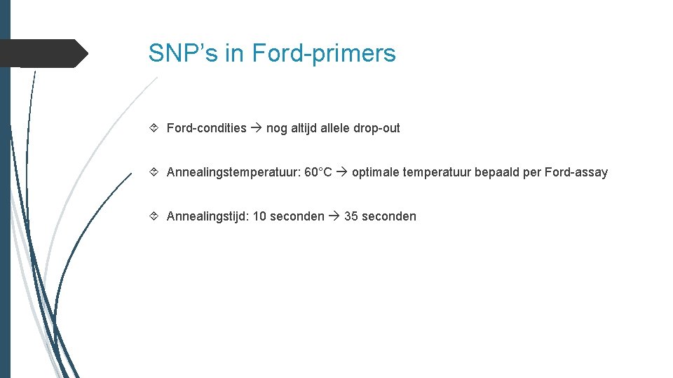 SNP’s in Ford-primers Ford-condities nog altijd allele drop-out Annealingstemperatuur: 60°C optimale temperatuur bepaald per