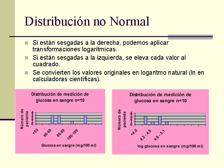 Distribución no Normal n Si están sesgadas a la derecha, podemos aplicar transformaciones logarítmicas.