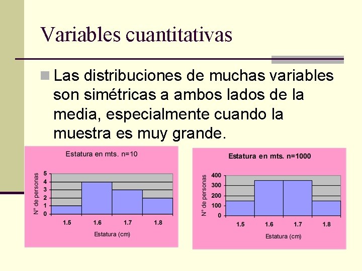 Variables cuantitativas n Las distribuciones de muchas variables son simétricas a ambos lados de