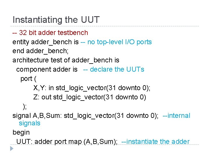 Instantiating the UUT -- 32 bit adder testbench entity adder_bench is -- no top-level