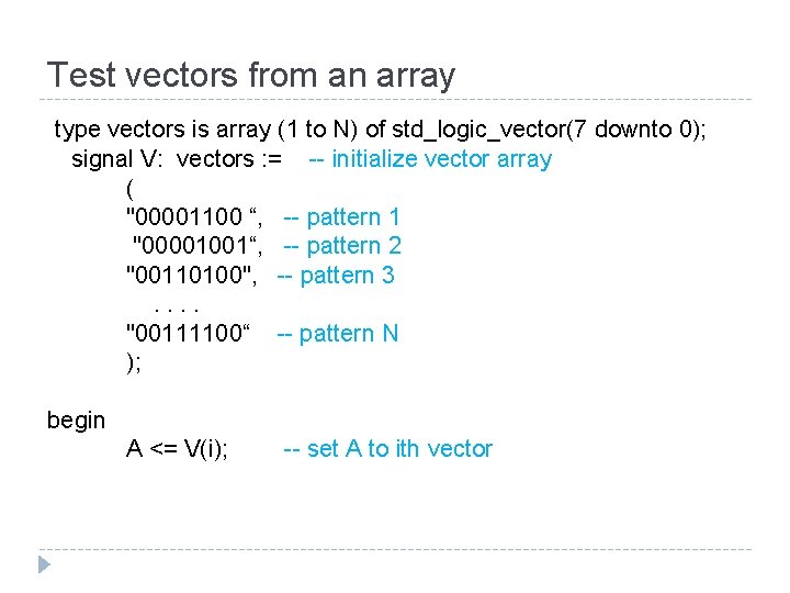 Test vectors from an array type vectors is array (1 to N) of std_logic_vector(7 Test vectors from an array type vectors is array (1 to N) of std_logic_vector(7