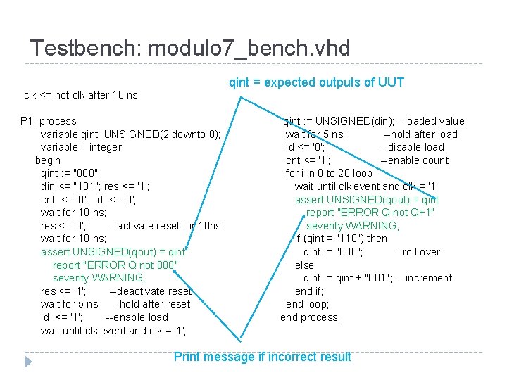 Testbench: modulo 7_bench. vhd qint = expected outputs of UUT clk <= not clk Testbench: modulo 7_bench. vhd qint = expected outputs of UUT clk <= not clk